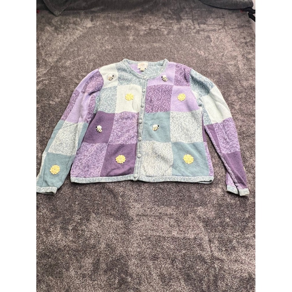 Christopher Banks Hand Embroidered Bee Flower Patchwork Cardigan Sweater Purple
